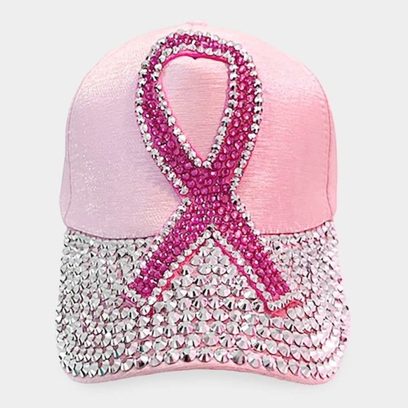 Rhinestone Pink Ribbon Cap, Cancer Awareness Hat - Picture 2 of 3